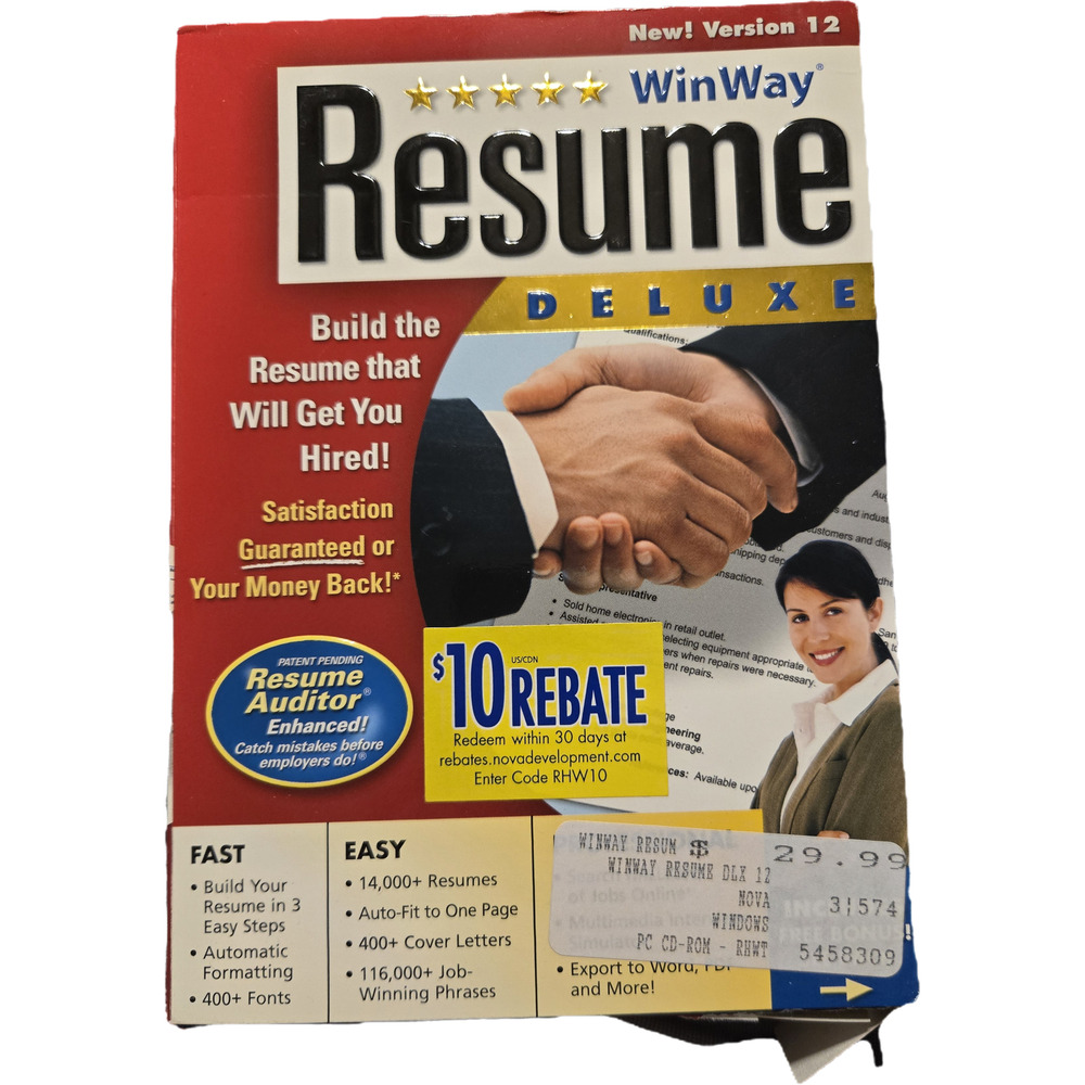 WinWay Resume Deluxe Version 12 PC Software Vintage Big Box